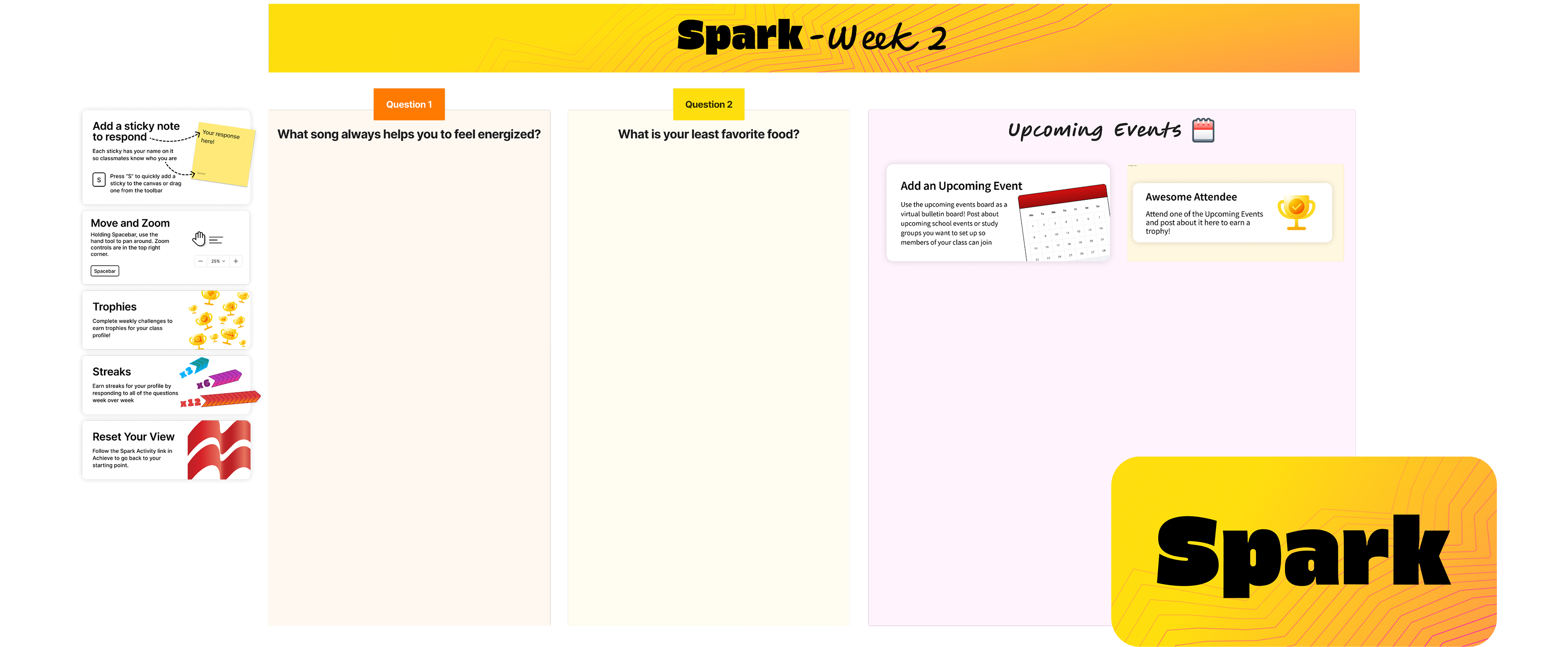 Spark — FigJam board with weekly prompts and student responses