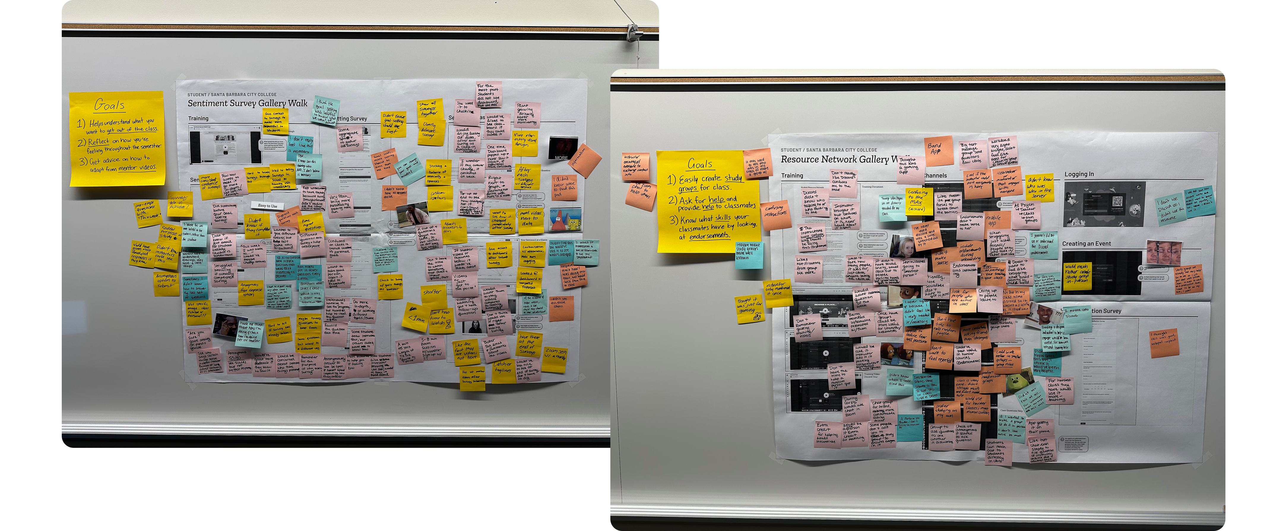 Gallery walk session — student sticky-note feedback on printed interface components